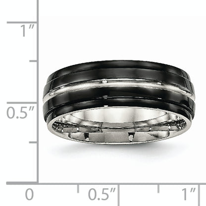 Stainless Steel Polished Black Ip Plated 8mm Ridged Edged Band