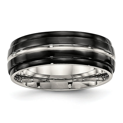 Stainless Steel Polished Black Ip Plated 8mm Ridged Edged Band