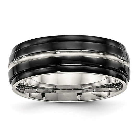Stainless Steel Polished Black Ip Plated 8mm Ridged Edged Band
