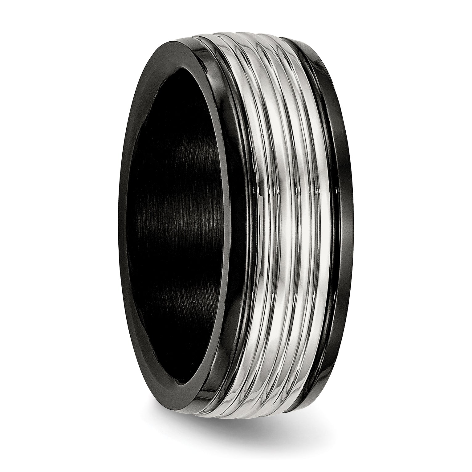 Stainless Steel Polished Black Ip Plated 8mm Grooved Band