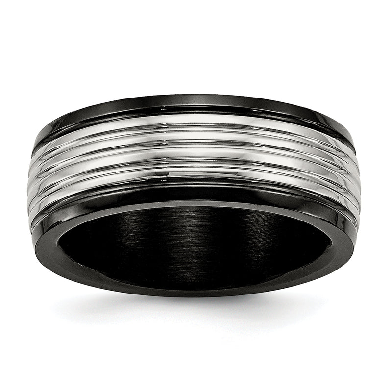 Stainless Steel Polished Black Ip Plated 8mm Grooved Band
