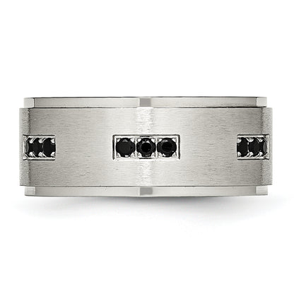 Stainless Steel Polished Brushed Center Black Cz 9mm Ridged Edge Band