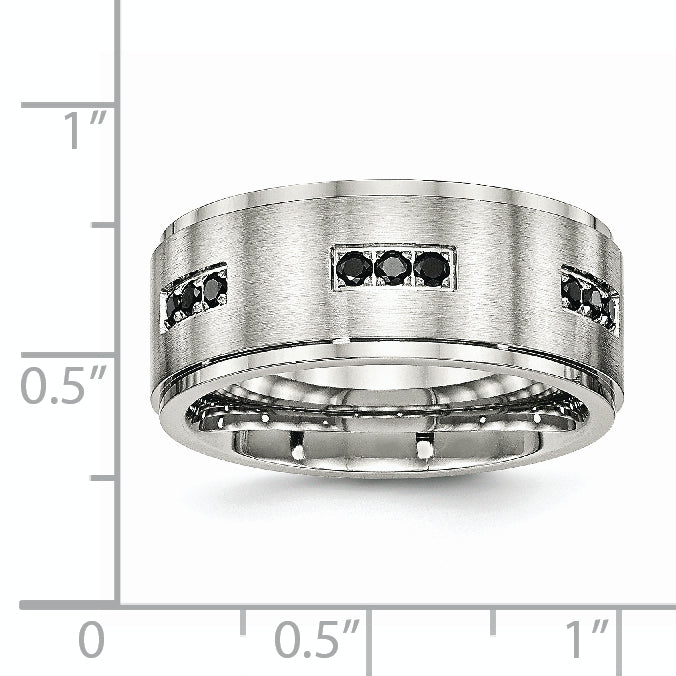 Stainless Steel Polished Brushed Center Black Cz 9mm Ridged Edge Band