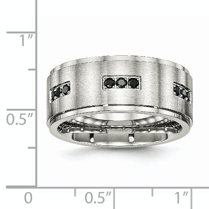 Stainless Steel Polished Brushed Center Black Cz 9mm Ridged Edge Band