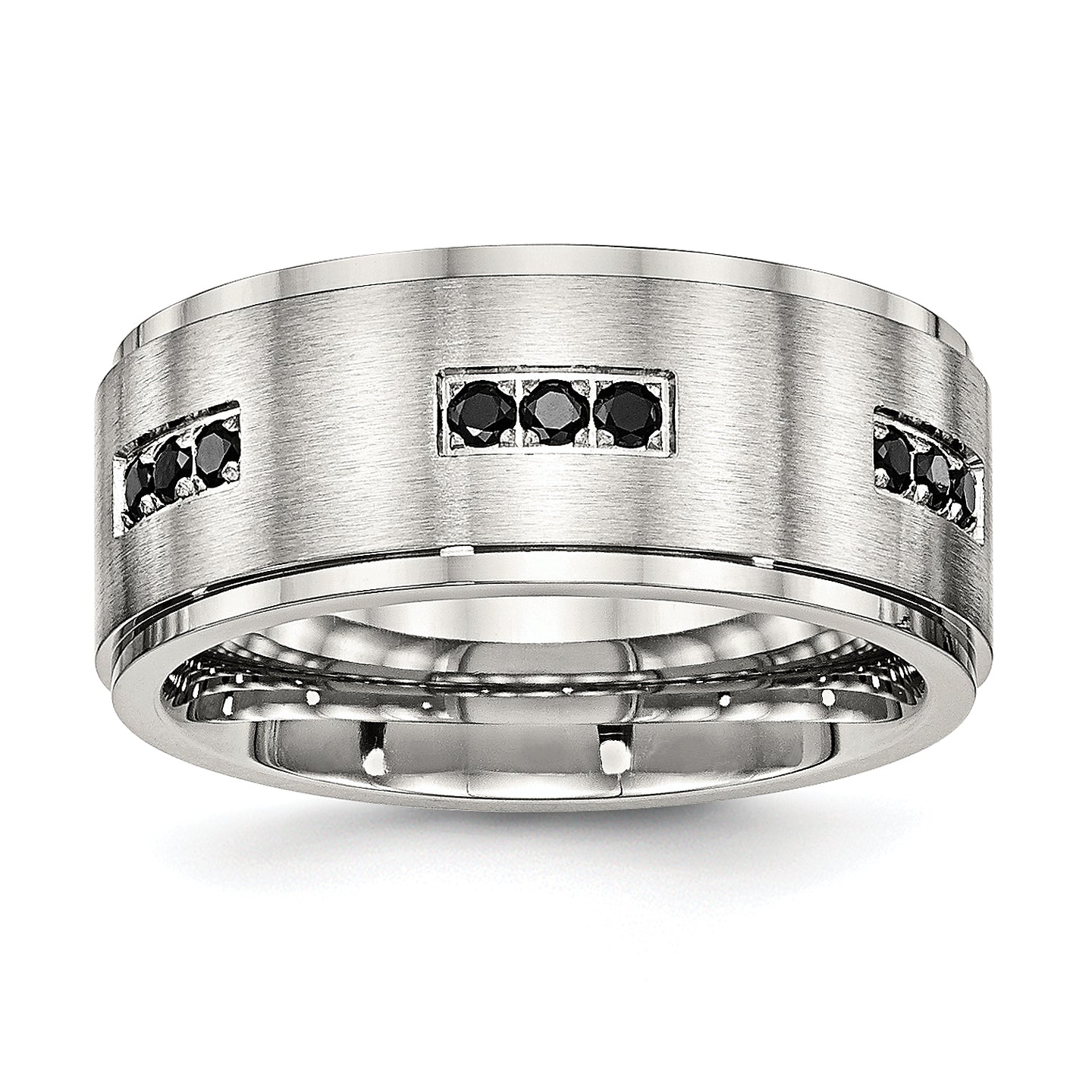 Stainless Steel Polished Brushed Center Black Cz 9mm Ridged Edge Band