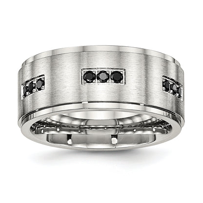 Stainless Steel Polished Brushed Center Black Cz 9mm Ridged Edge Band