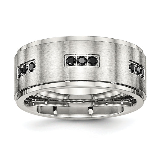 Stainless Steel Polished Brushed Center Black Cz 9mm Ridged Edge Band