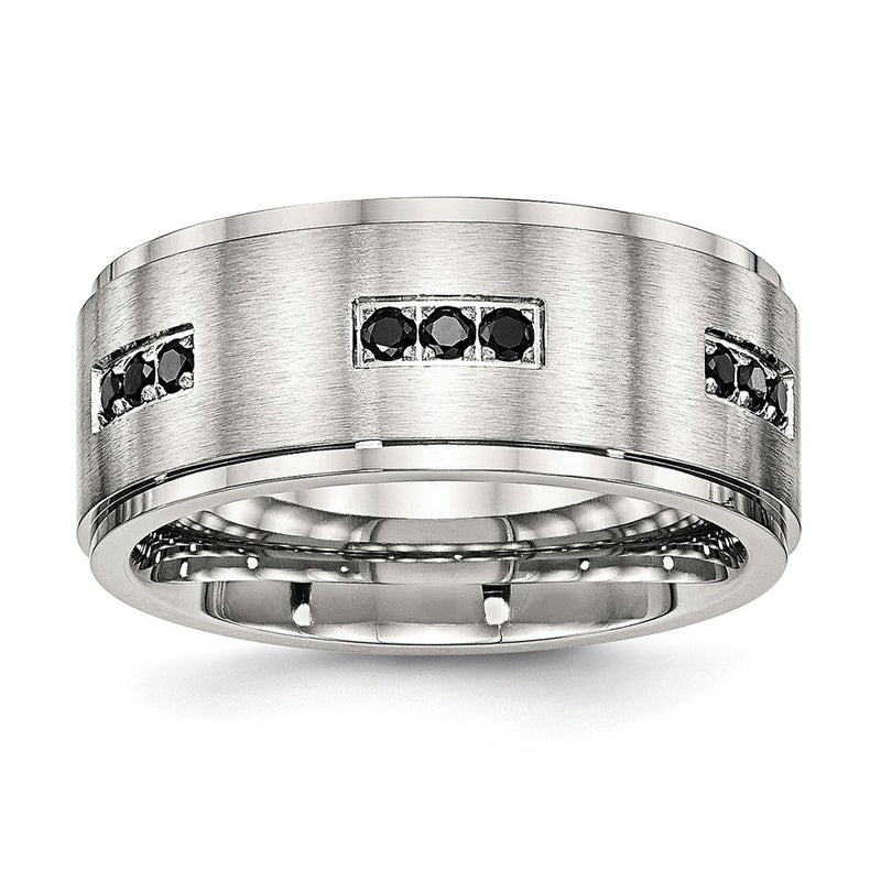Stainless Steel Polished Brushed Center Black Cz 9mm Ridged Edge Band