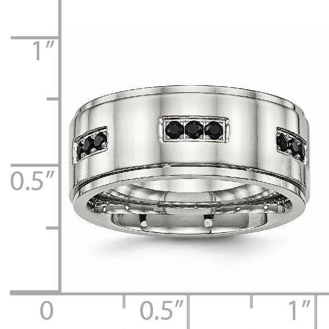 Stainless Steel Polished Black Cz 9mm Ridged Edge Band
