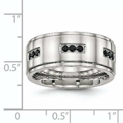 Stainless Steel Polished Black Cz 9mm Ridged Edge Band