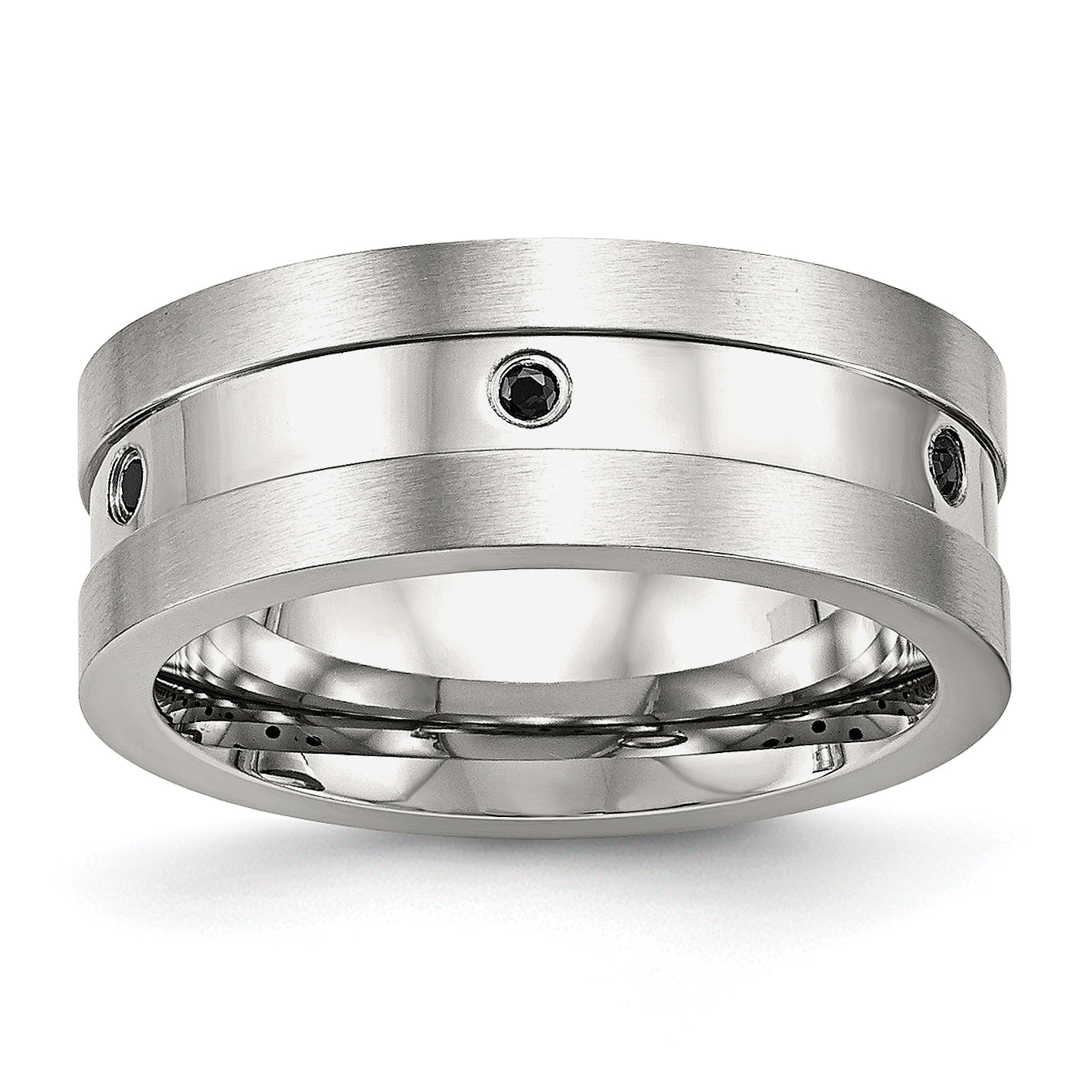 Stainless Steel Brushed And Polished Black Cz 8mm Band