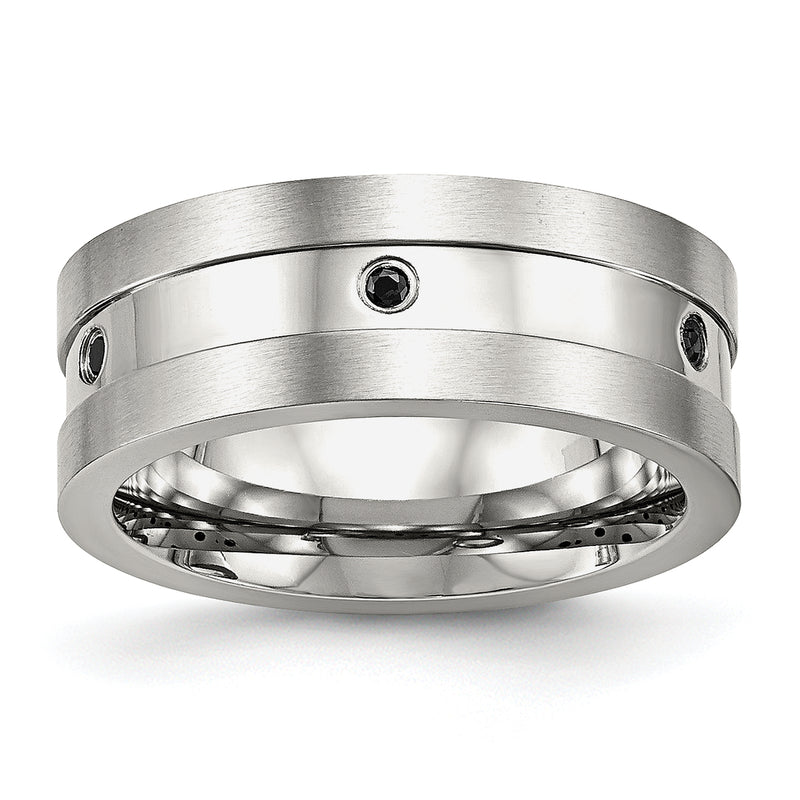 Stainless Steel Brushed And Polished Black Cz 8mm Band