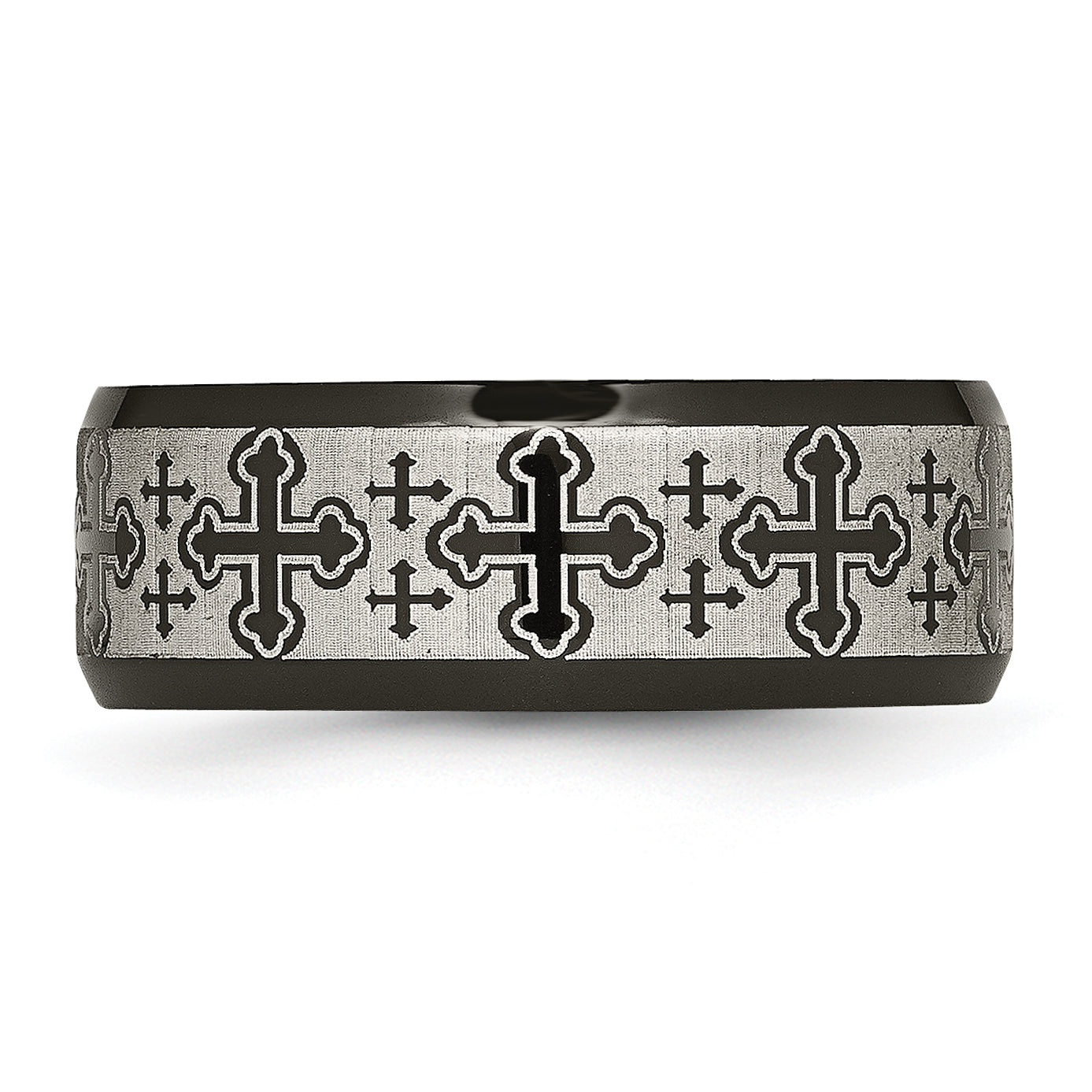 Stainless Steel Brushed/Polished Black Ip Laser Etched Crosses 8mm Band