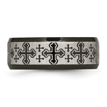 Stainless Steel Brushed/Polished Black Ip Laser Etched Crosses 8mm Band