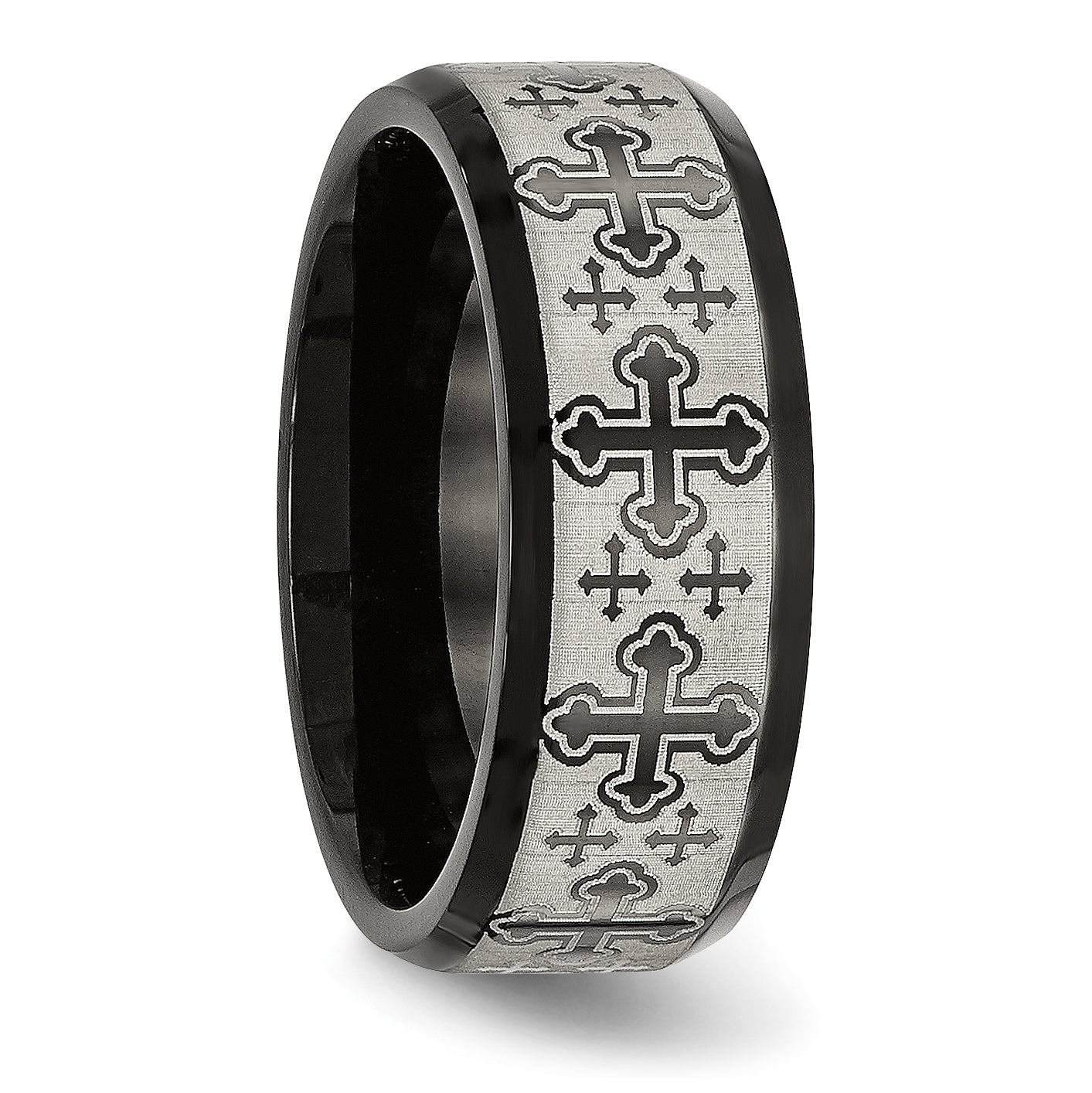 Stainless Steel Brushed/Polished Black Ip Laser Etched Crosses 8mm Band