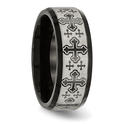 Stainless Steel Brushed/Polished Black Ip Laser Etched Crosses 8mm Band