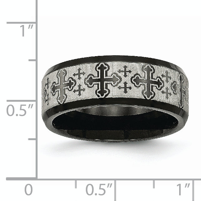 Stainless Steel Brushed/Polished Black Ip Laser Etched Crosses 8mm Band