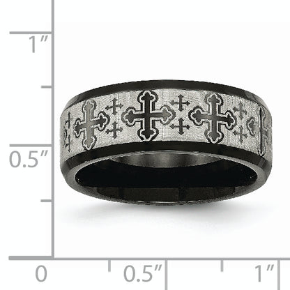 Stainless Steel Brushed/Polished Black Ip Laser Etched Crosses 8mm Band
