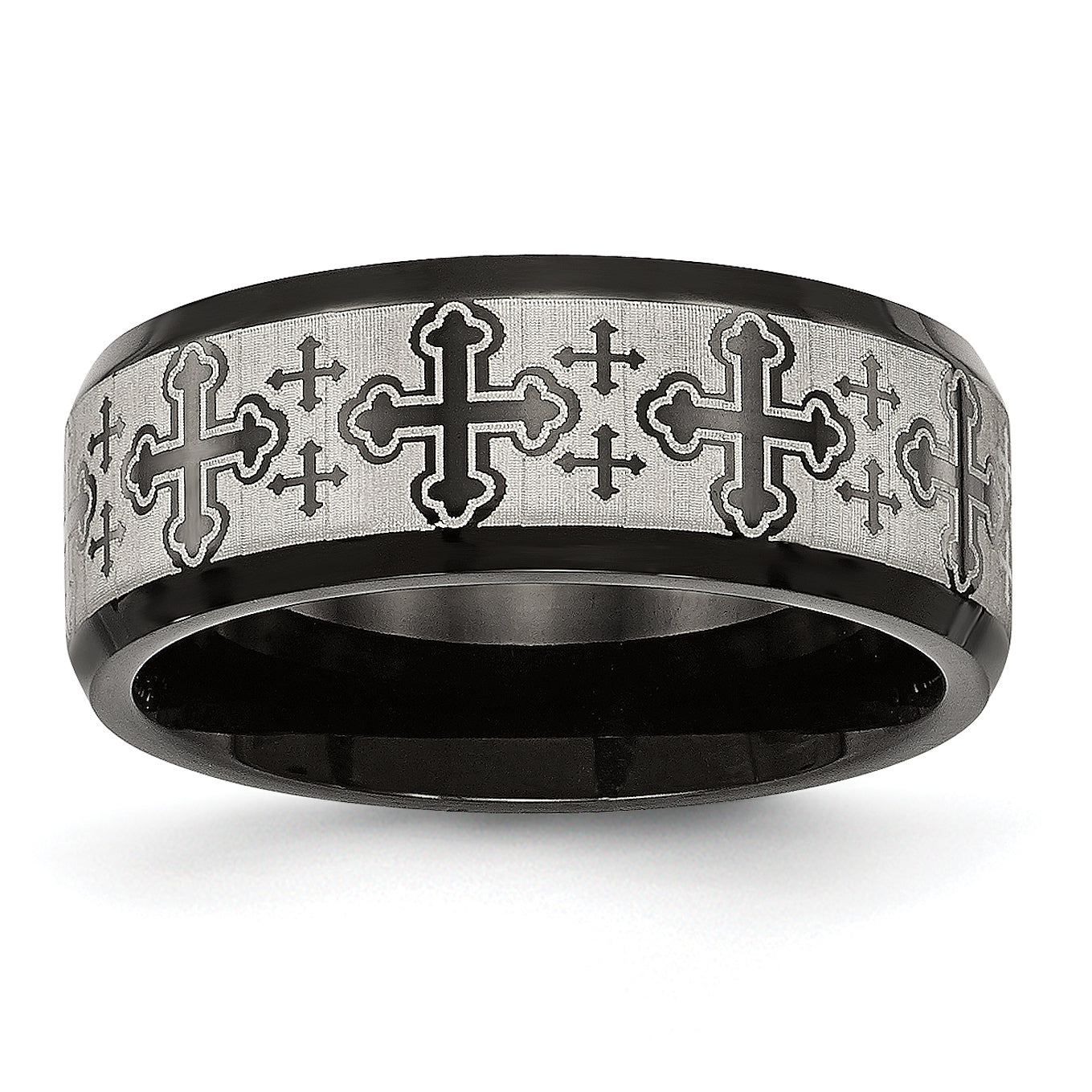 Stainless Steel Brushed/Polished Black Ip Laser Etched Crosses 8mm Band