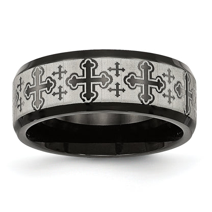 Stainless Steel Brushed/Polished Black Ip Laser Etched Crosses 8mm Band