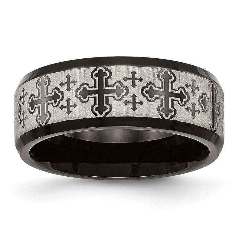Stainless Steel Brushed/Polished Black Ip Laser Etched Crosses 8mm Band