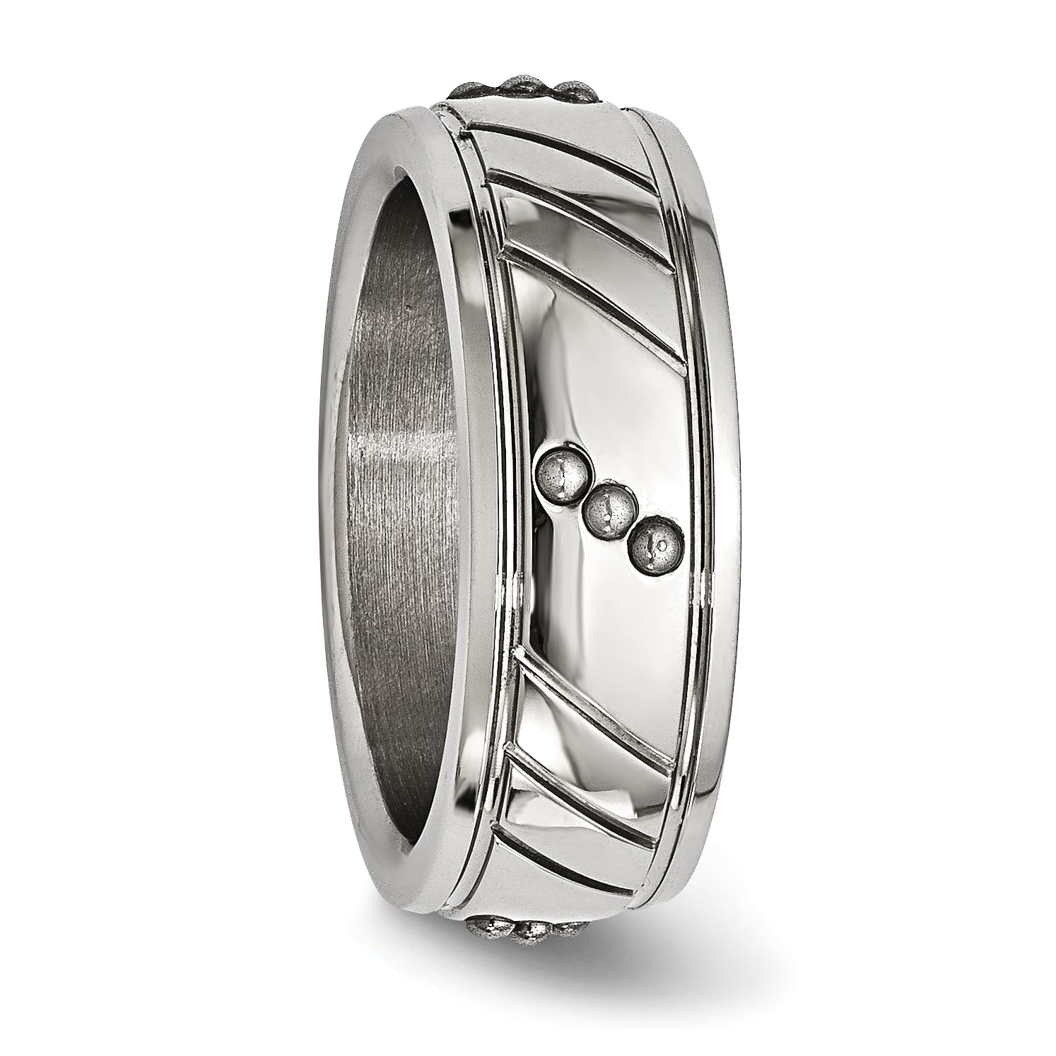 Stainless Steel Polished Beaded And Grooved 8mm Band