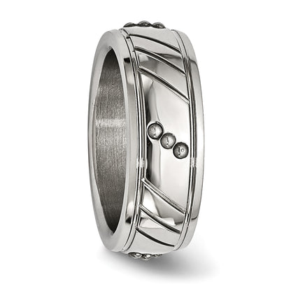 Stainless Steel Polished Beaded And Grooved 8mm Band