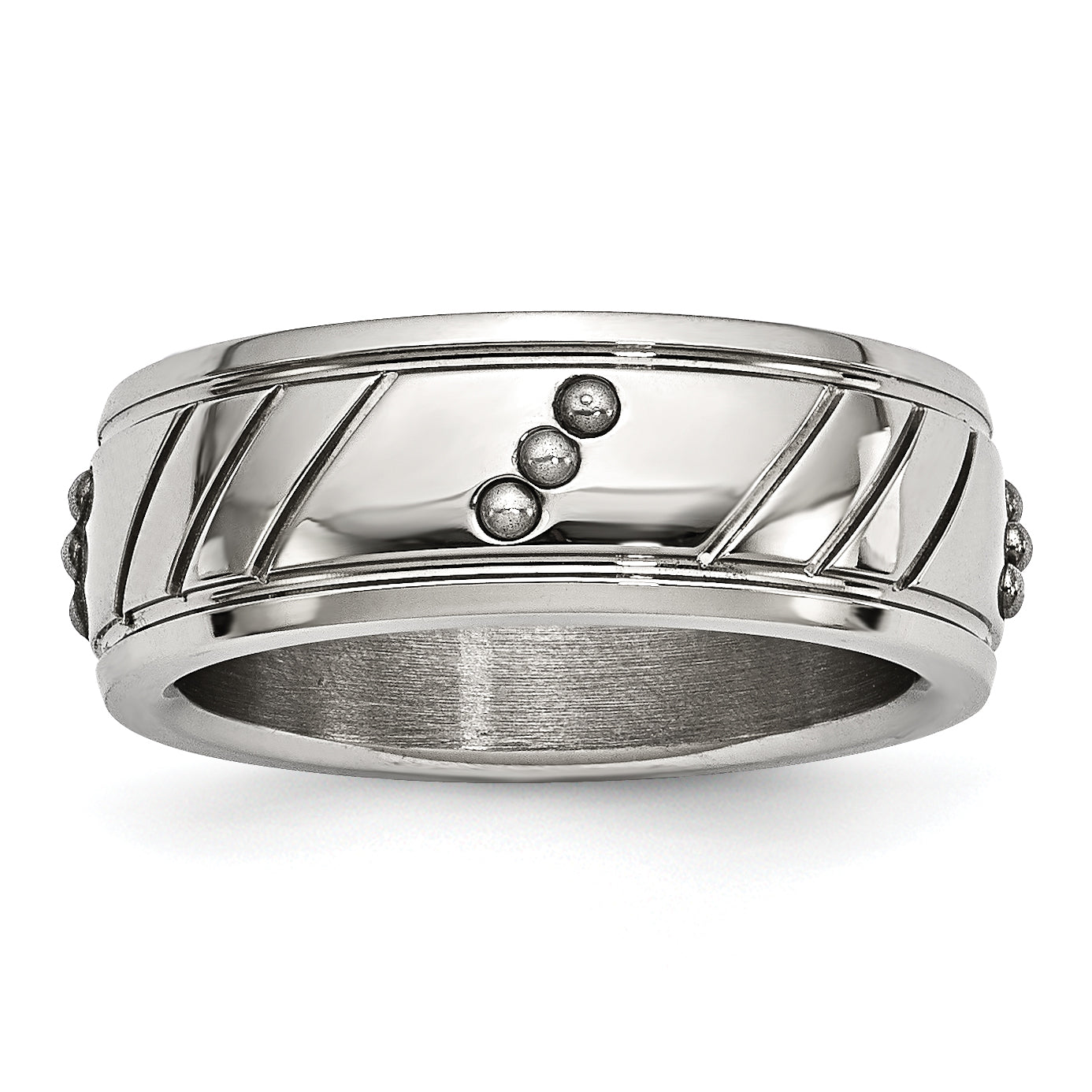 Stainless Steel Polished Beaded And Grooved 8mm Band