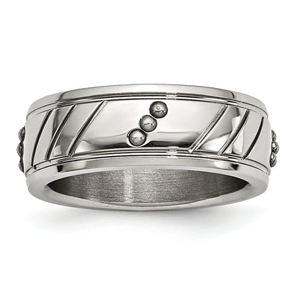 Stainless Steel Polished Beaded And Grooved 8mm Band