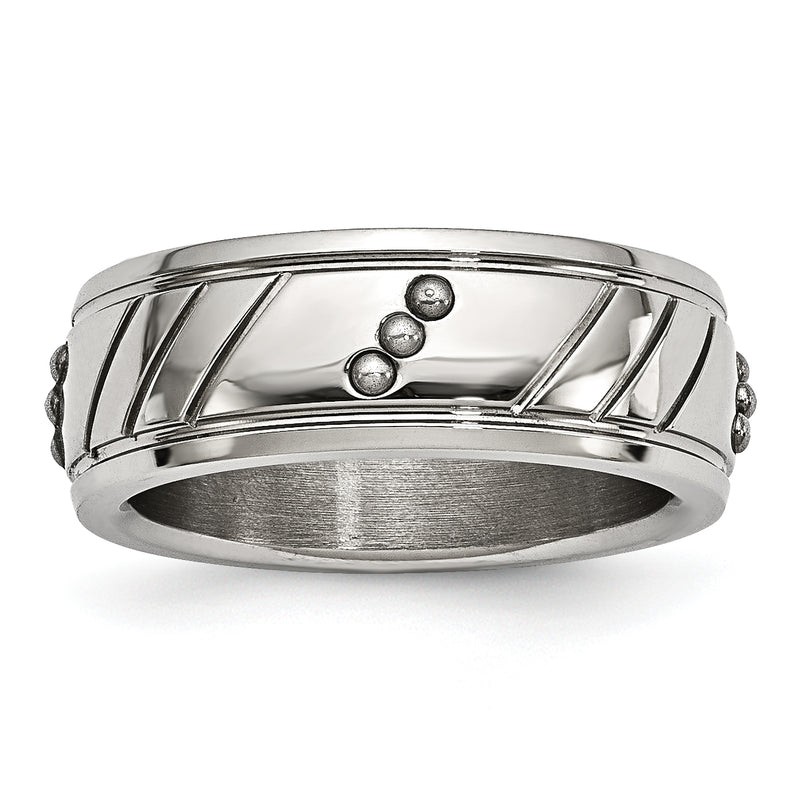 Stainless Steel Polished Beaded And Grooved 8mm Band