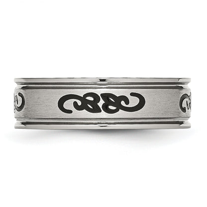 Stainless Steel Brushed Black Rubber Design 7mm Ridged Edge Band