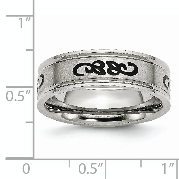 Stainless Steel Brushed Black Rubber Design 7mm Ridged Edge Band
