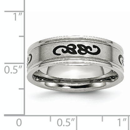 Stainless Steel Brushed Black Rubber Design 7mm Ridged Edge Band