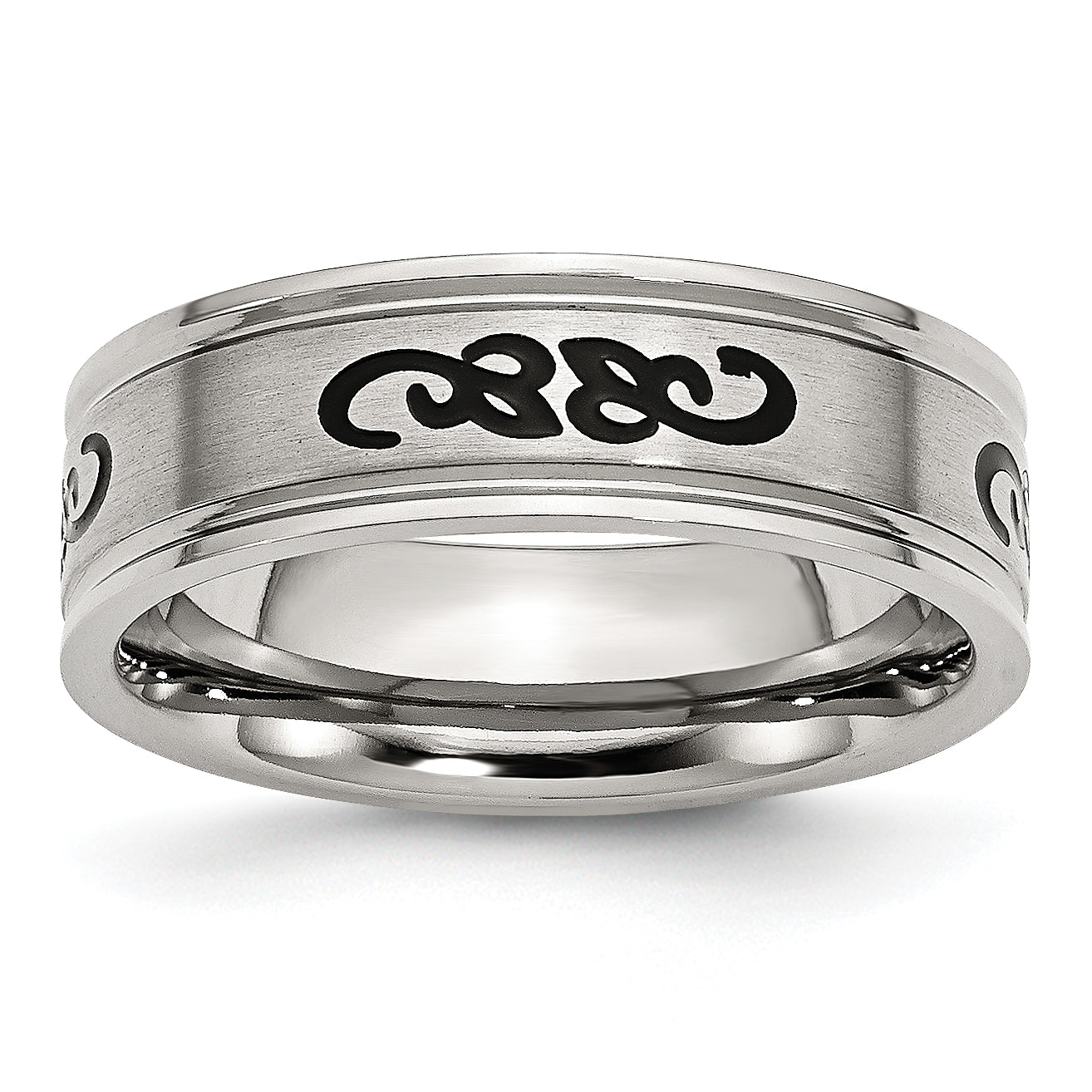 Stainless Steel Brushed Black Rubber Design 7mm Ridged Edge Band