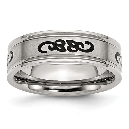 Stainless Steel Brushed Black Rubber Design 7mm Ridged Edge Band