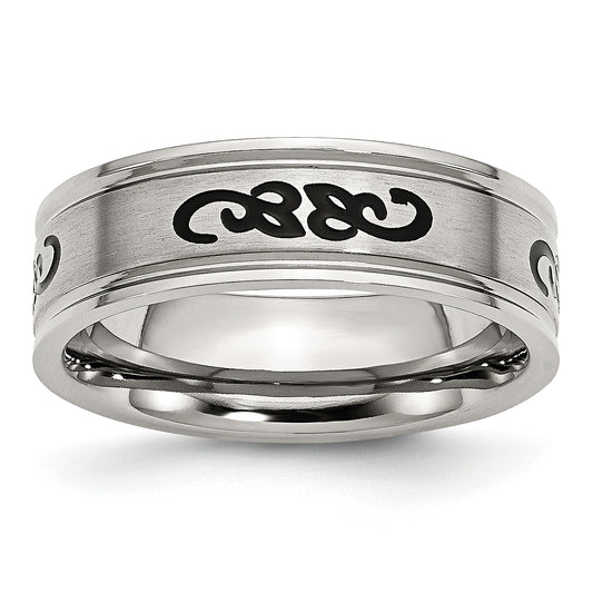 Stainless Steel Brushed Black Rubber Design 7mm Ridged Edge Band