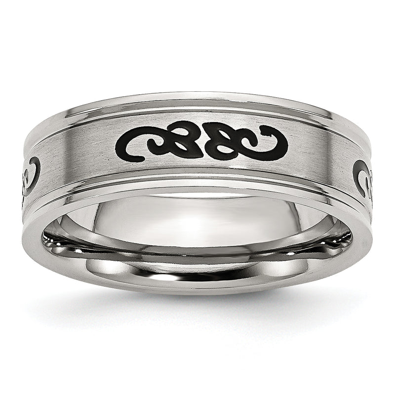 Stainless Steel Brushed Black Rubber Design 7mm Ridged Edge Band