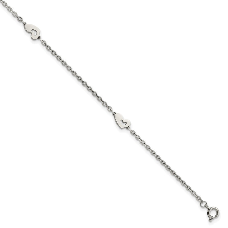 Stainless Steel Chisel Polished Hearts 9 Inch Anklet Plus 1 Extension