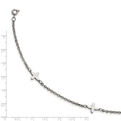 Stainless Steel Chisel Polished Cross Charms 9 Inch Anklet Plus 1 Extension