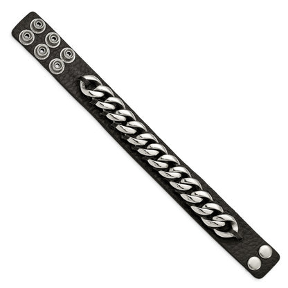 8.5 Inch Stainless Steel Black Leather W/Chain 8.5In Bracelet