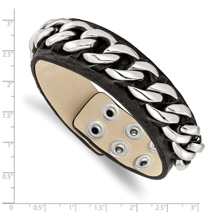 8.5 Inch Stainless Steel Black Leather W/Chain 8.5In Bracelet