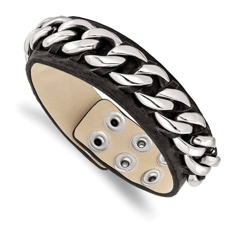 8.5 Inch Stainless Steel Black Leather W/Chain 8.5In Bracelet