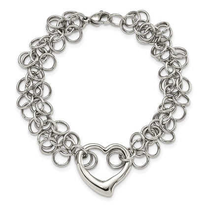 Stainless Steel Chisel Polished Circle Links With Heart 7.5 Inch Bracelet