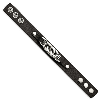 8.5 Inch Stainless Steel Black Leather W/Antiqued Chain 8.5In Bracelet