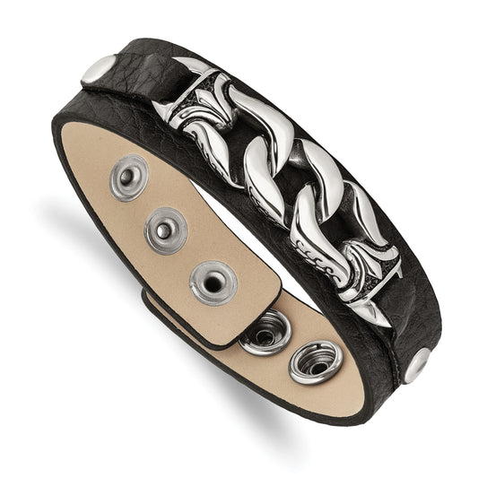 8.5 Inch Stainless Steel Black Leather W/Antiqued Chain 8.5In Bracelet