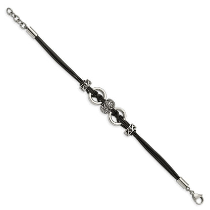8.25 Inch Stainless Steel Antiqued And Polished Leather 8.25In W/1In Ext Bracelet