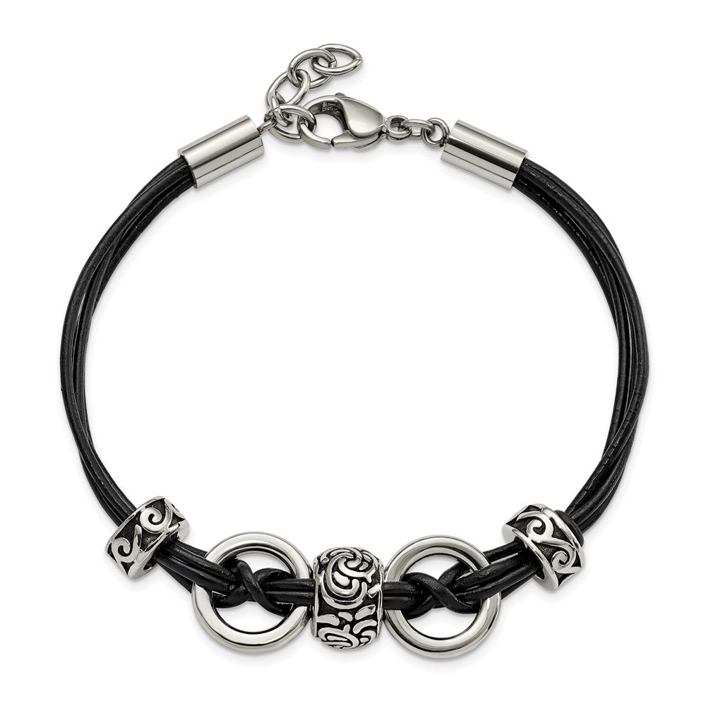 8.25 Inch Stainless Steel Antiqued And Polished Leather 8.25In W/1In Ext Bracelet