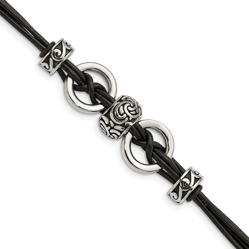 8.25 Inch Stainless Steel Antiqued And Polished Leather 8.25In W/1In Ext Bracelet