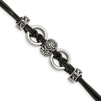 8.25 Inch Stainless Steel Antiqued And Polished Leather 8.25In W/1In Ext Bracelet