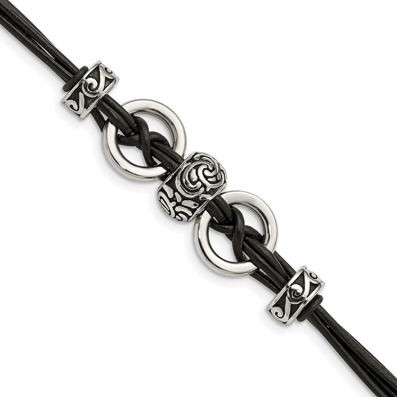 8.25 Inch Stainless Steel Antiqued And Polished Leather 8.25In W/1In Ext Bracelet